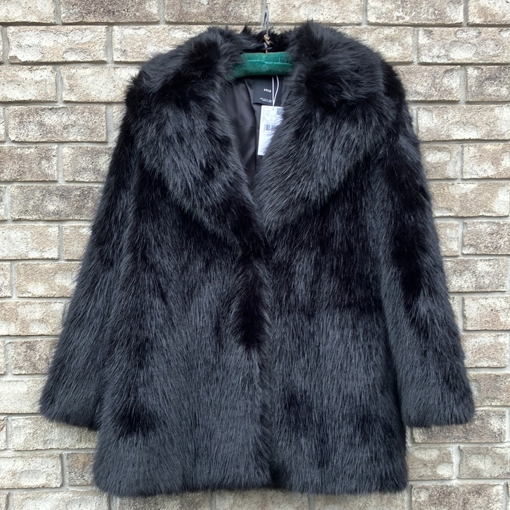 NEW Mango Faux Fur Coat Jet Black